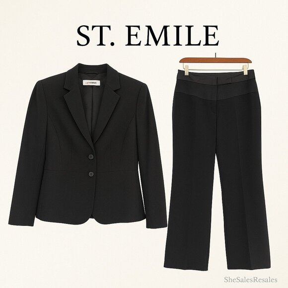St. Emile Women’s Black Pantsuit Blazer Jacket & Trousers Set Size 6 Two-Button - Picture 1 of 14
